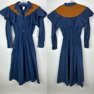 Vintage Western Attitude Denim Long Sleeve Dress Size 11/12 80s